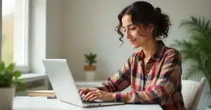 Imagem ilustrativa criada com IA de uma mulher sorrindo em frente ao seu computador aplicando marketing emocional no conteúdo do seu blog