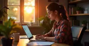 Imagem ilustrativa feita com IA para representar realidade aumentada em um blog que uma jovem mulher está trabalhando em home office