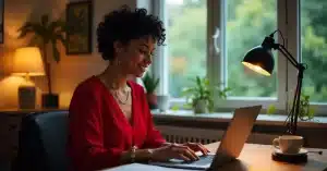 Imagem criada com IA para ilustrar uma mulher que está aprendendo como analisar as métricas essenciais do Pinterest Analytics