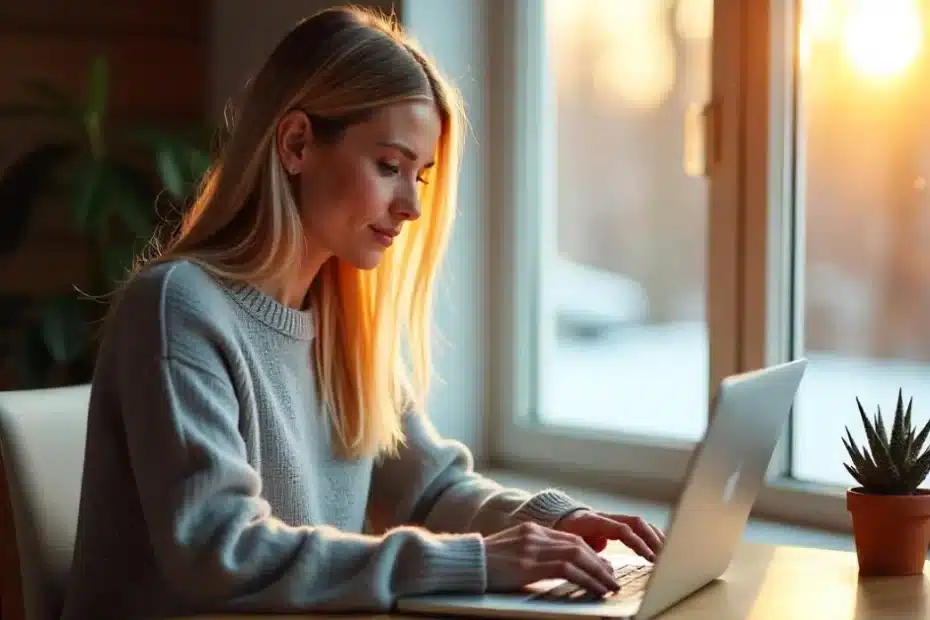 Imagem criada com IA para ilustrar uma mulher que está aplicando técnicas de SEO On Page no seu Blog para ranquear nos resultados de buscas