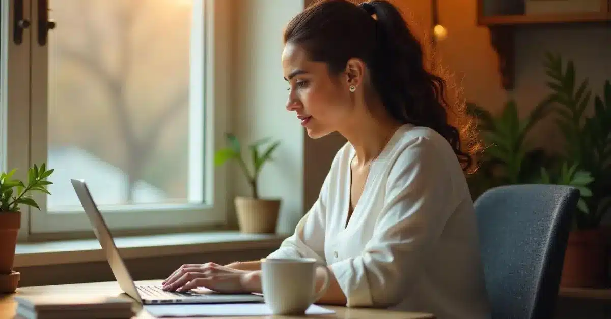 Imagem ilustrativa criada com IA de uma mulher trabalhando em home office com seu laptop aprendendo como monetizar um blog em 2025