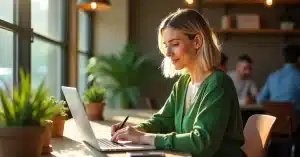 Imagem criada com IA para ilustrar uma mulher trabalhando com um modelo de empreendedorismo digital em 2025 que combina com seu estilo de vida