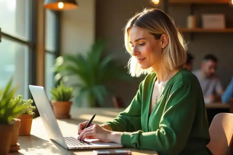 Imagem criada com IA para ilustrar uma mulher trabalhando com um modelo de empreendedorismo digital em 2025 que combina com seu estilo de vida