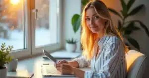 Imagem ilustrativa criada com IA representando uma mulher animada por ganhar dinheiro com blogs em 2025
