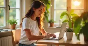 Imagem ilustrativa de uma mulher usando inteligência artificial no marketing de conteúdo do seu blog trabalhando em home office