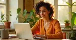 Imagem criada com IA representando mulher atualizando sua estratégia de pinterest seo em 2025