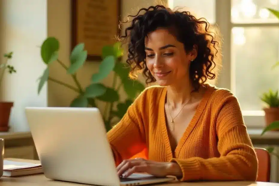 Imagem criada com IA representando mulher atualizando sua estratégia de pinterest seo em 2025
