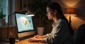 Imagem criada com IA para ilustrar uma mulher que está escolhendo programas de afiliados que pagam em dólar para monetizar seu blog