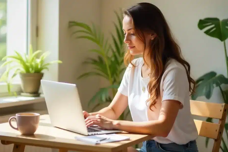 Imagem criada com IA para ilustrar uma mulher enviando seu sitemap ao Google para indexar seu blog e ranquear nos resultados de busca
