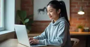 Imagem criada com IA representando uma mulher jovem trabalhando em casa com Blogs e monetizando com Google AdSense
