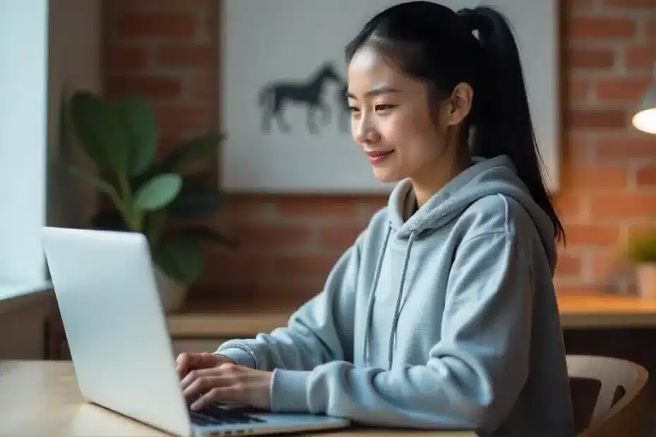 Imagem criada com IA representando uma mulher jovem trabalhando em casa com Blogs e monetizando com Google AdSense