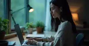 Imagem de uma mulher em home office adaptando seu blog para em 2025 ranquear os resultados de SGE Google vs SEO Tradicional