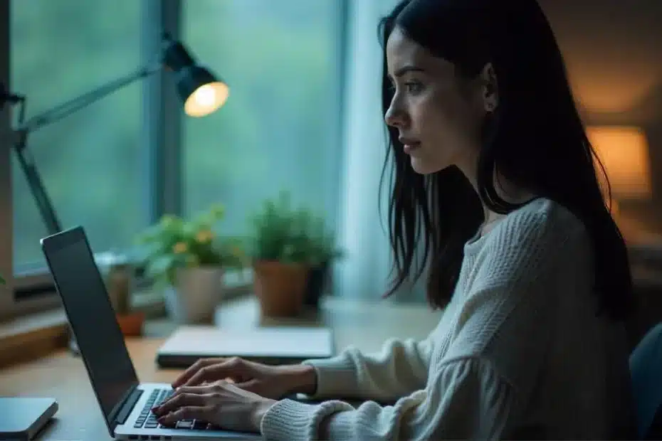 Imagem de uma mulher em home office adaptando seu blog para em 2025 ranquear os resultados de SGE Google vs SEO Tradicional