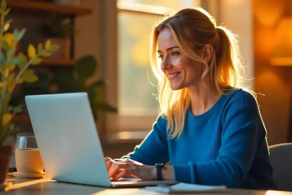 Imagem criada com IA representando como aplicar SGE e E-E-A-T para melhorar o posicionamento de blogs monetizados no Google trabalhando em home office