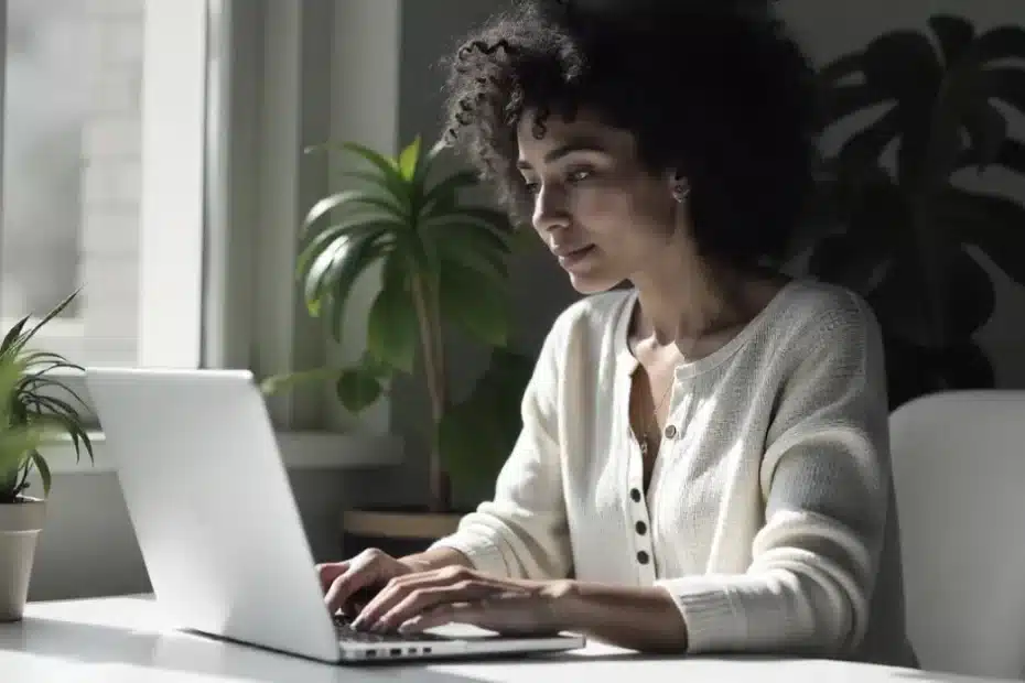 Imagem criada com IA representando uma mulher investindo em sua carreira profissional trabalhando em casa com blogs monetizados e lucrativos