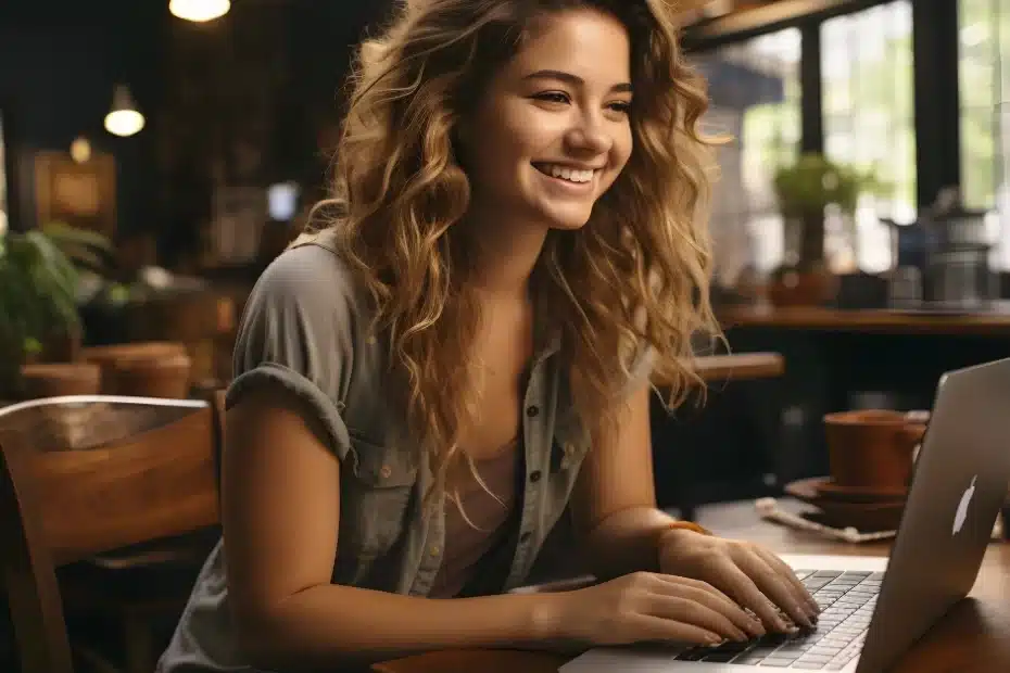 Imagem criada com IA representando uma mulher que trabalha em home office aprendendo como definir metas smart para monetizar seu blog