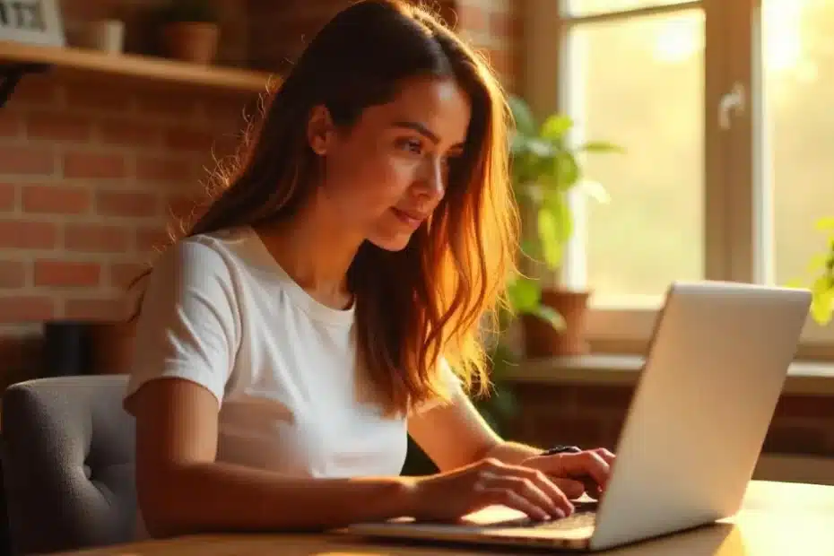 Imagem criada com IA representando uma mulher trabalhando em home office como criador de conteúdo de blog