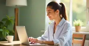 Imagem criada com IA representando uma mulher em seu home office mais produtiva porque aprendeu sobre gestão de tempo para criadores de conteúdo