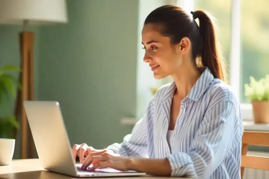Imagem criada com IA representando uma mulher em seu home office mais produtiva porque aprendeu sobre gestão de tempo para criadores de conteúdo