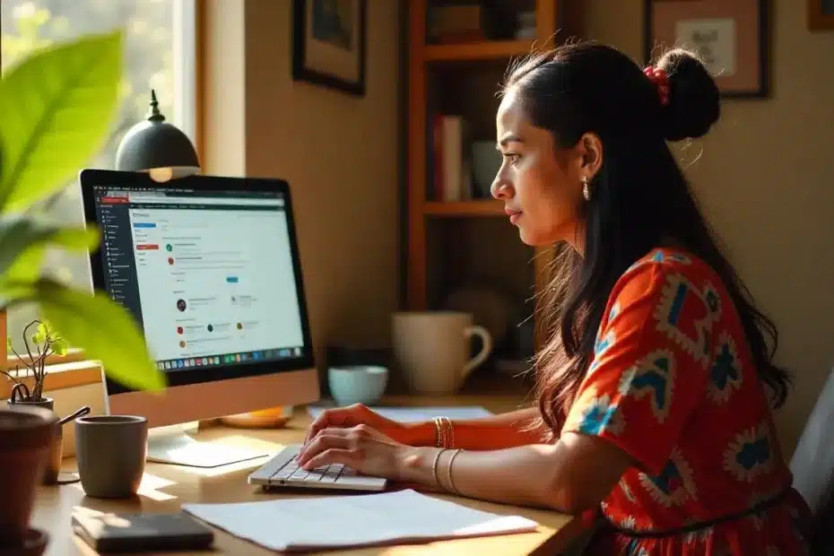 Imagem criada com IA representando uma mulher em home office analisando relatórios do blog com o Google Looker Studio no computador