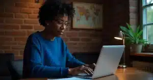 Imagem criada com IA representando as carreiras digitais que estão em alta com uma mulher experiente trabalhando em home office com uma das melhores profissões para o futuro: criadora de conteúdo para blogs monetizados
