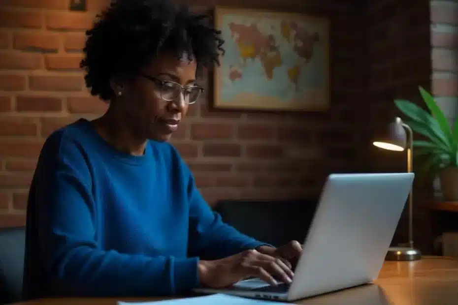 Imagem criada com IA representando as carreiras digitais que estão em alta com uma mulher experiente trabalhando em home office com uma das melhores profissões para o futuro: criadora de conteúdo para blogs monetizados