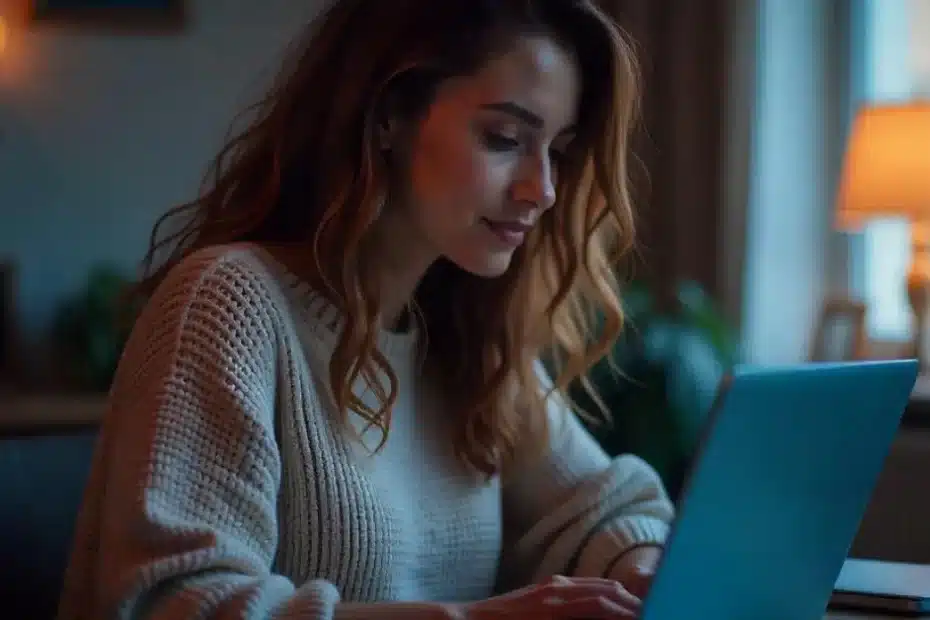 Imagem criada com IA representando uma mulher pesquisando o que é inteligência artificial em seu notebook