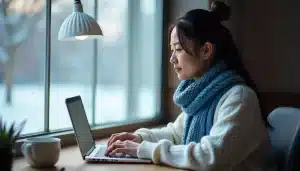 Imagem criada com IA representando uma mulher trabalhando em home office, aplicando técnicas de SEO técnico para blogs monetizados a fim de melhorar a velocidade e a experiência do usuário.