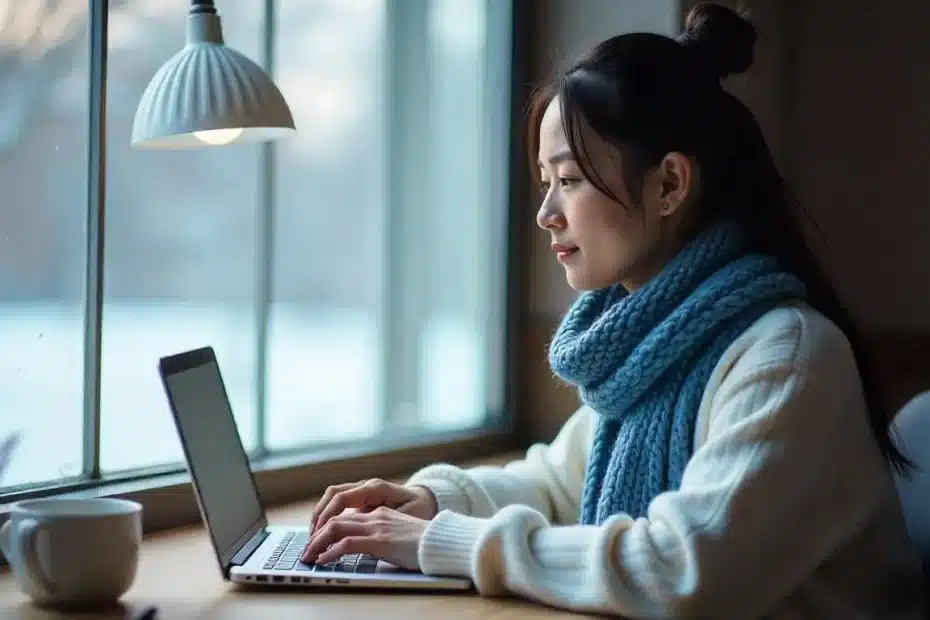 Imagem criada com IA representando uma mulher trabalhando em home office, aplicando técnicas de SEO técnico para blogs monetizados a fim de melhorar a velocidade e a experiência do usuário.