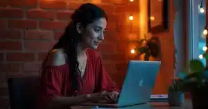 Imagem de uma mulher desenvolvendo trabalho home office 4 horas/dia de segunda a sexta, fazendo seus próprios horários com seu blog monetizado