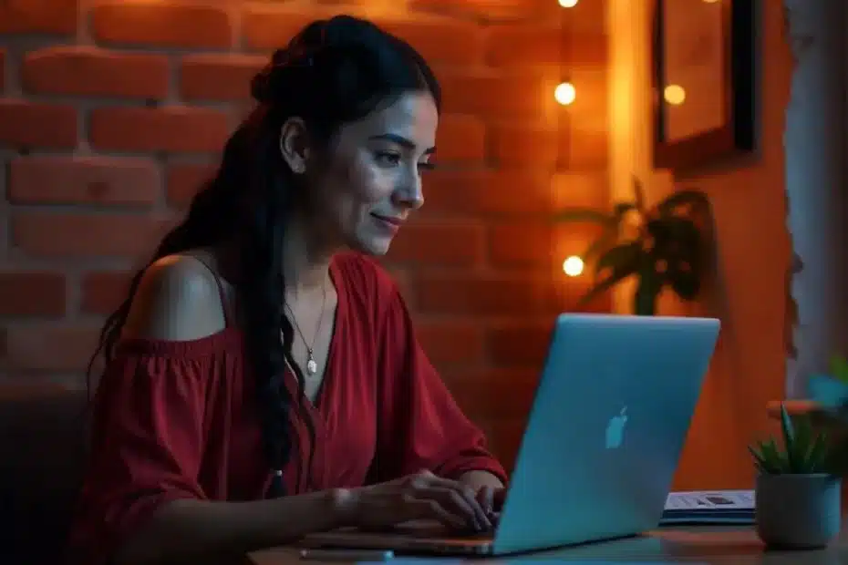 Imagem de uma mulher desenvolvendo trabalho home office 4 horas/dia de segunda a sexta, fazendo seus próprios horários com seu blog monetizado