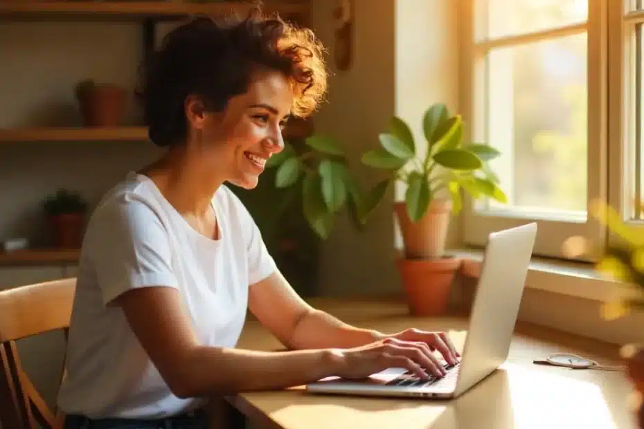 Imagem de uma mulher em home office aplicando E-E-A-T no blog para crescer de forma orgânica