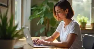 Imagem criada com IA para representar uma mulher trabalhando em home office na atualização de artigos para SGE no seu Blog