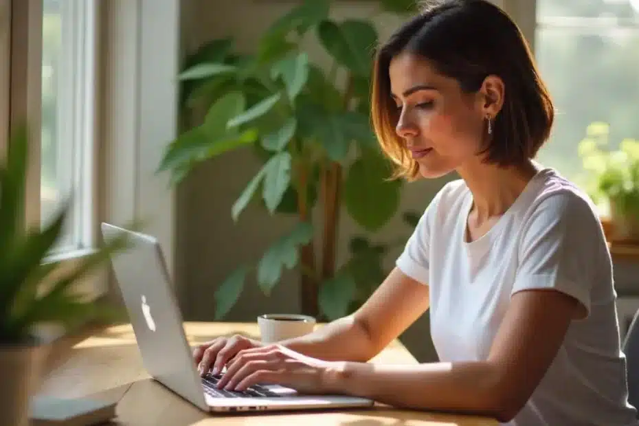 Imagem criada com IA para representar uma mulher trabalhando em home office na atualização de artigos para SGE no seu Blog