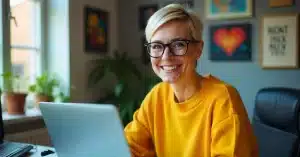 Imagem criada com IA representando uma mulher trabalhando em home office com palavras chave fáceis para ranquear blogs