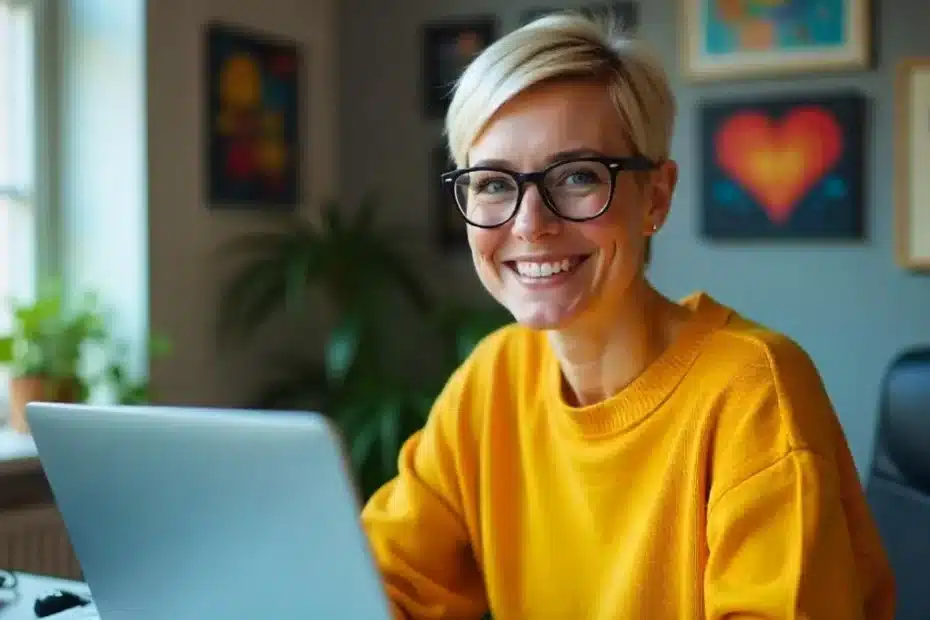 Imagem criada com IA representando uma mulher trabalhando em home office com palavras chave fáceis para ranquear blogs