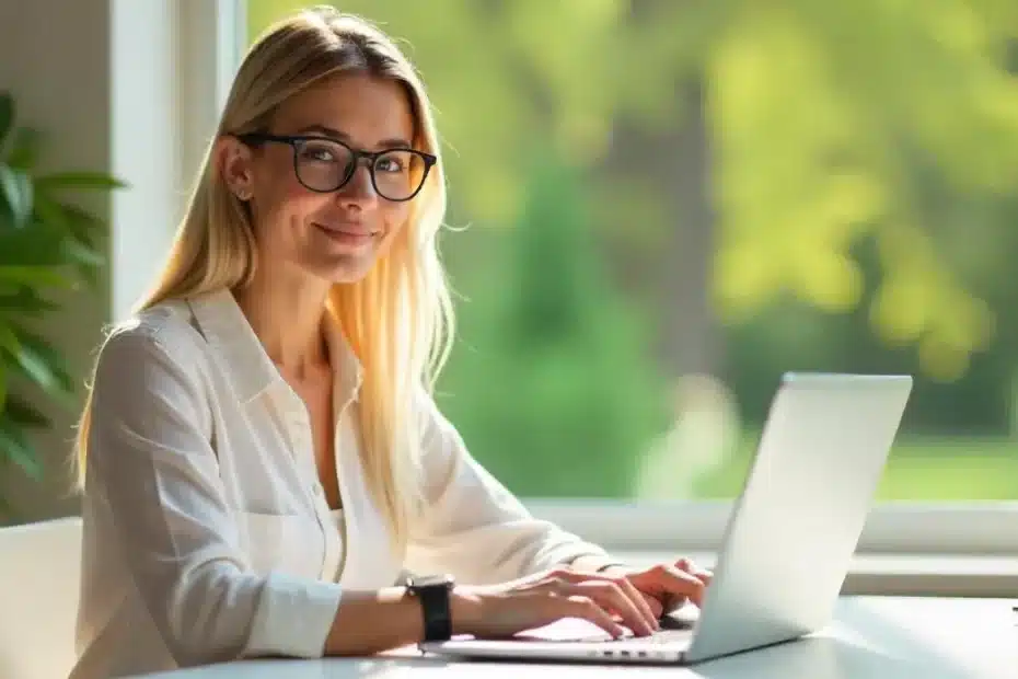 Imagem criada com IA representando uma mulher trabalhando em home office que aprendeu como criar um blog monetizado com ia sem saber programar