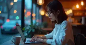 Imagem criada com IA representando uma jovem mulher trabalhando em seu laptop com palavras-chave long tail para blog