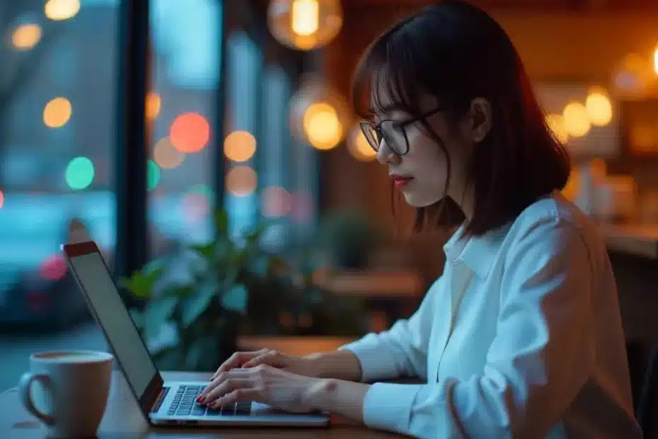 Imagem criada com IA representando uma jovem mulher trabalhando em seu laptop com palavras-chave long tail para blog