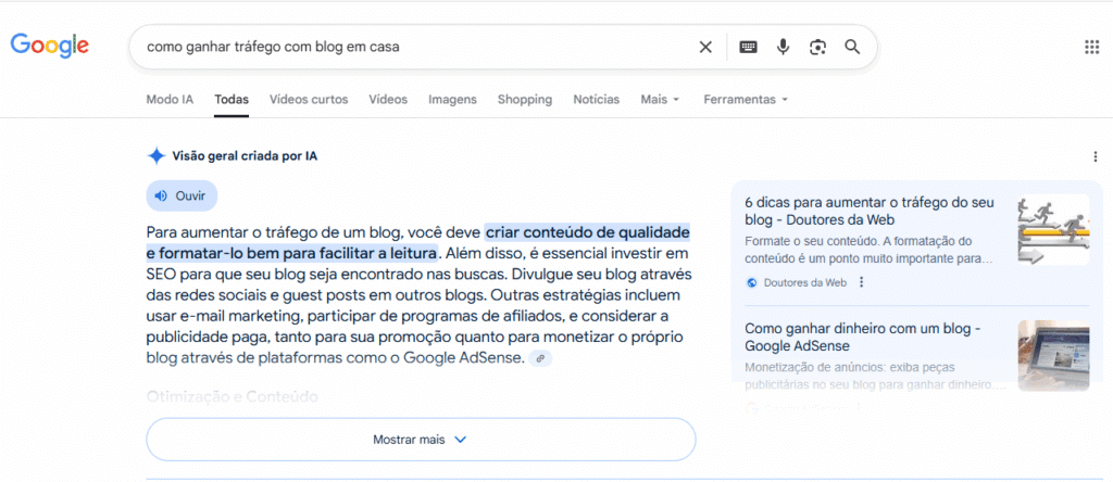 Exemplo de busca no Google para analisar o modelo de resposta com SEO conversacional