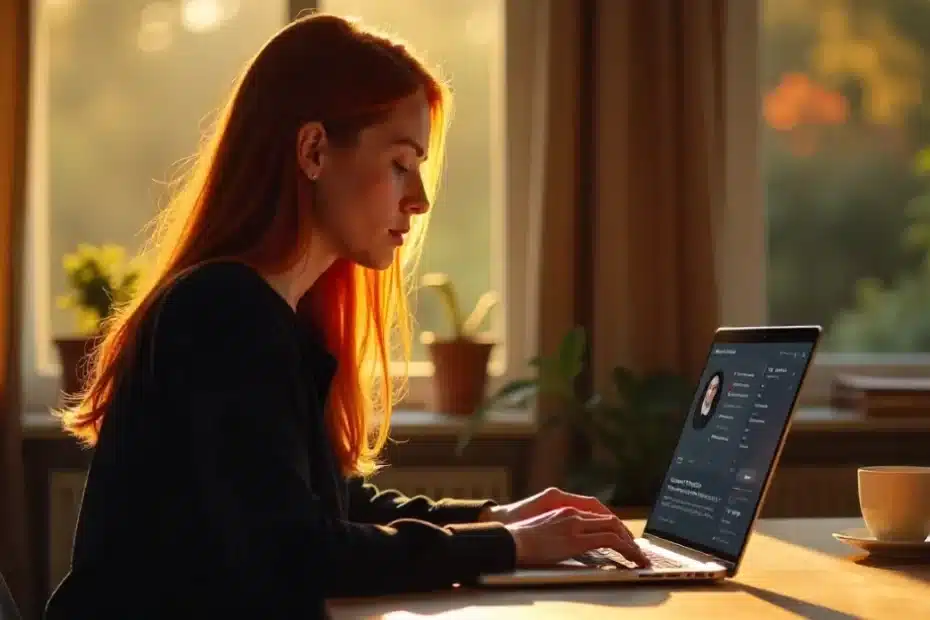 Mulher trabalhando em home office com seu laptop em modo escuro para personalizar a leitura no blog