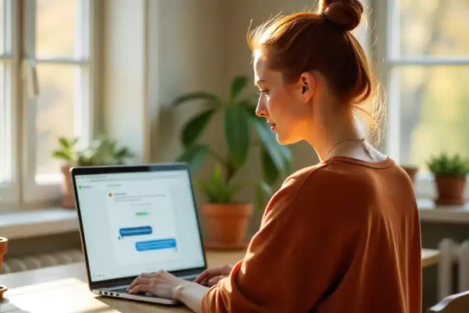 Mulher trabalhando em home office criando conteúdo colaborativo com IA em blogs